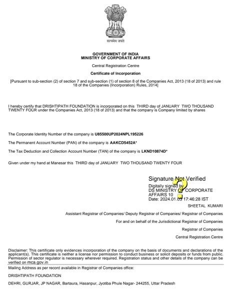 DrishtiPathFoundation NGO registration certificate